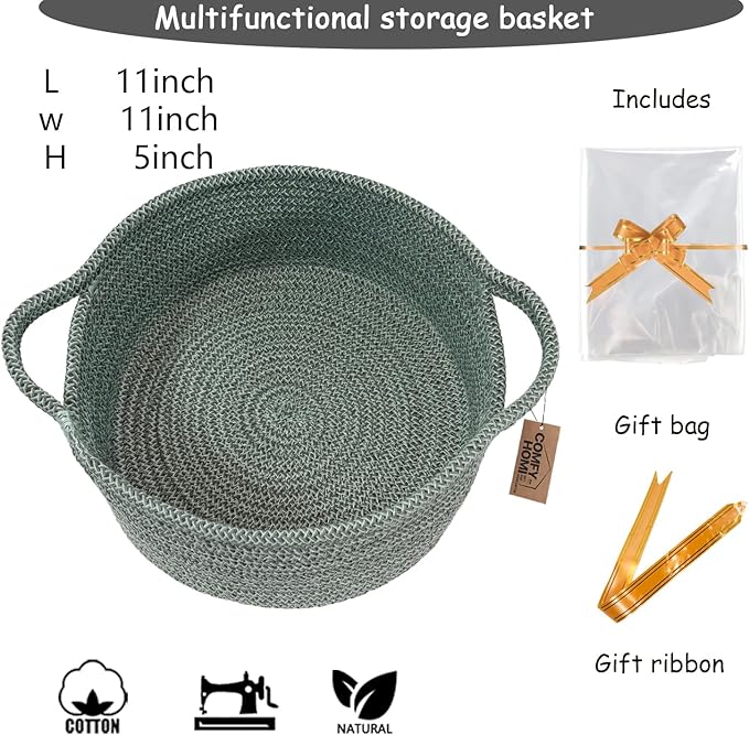 COMFY-HOMI Round Rope Basket with Handles for Shelves,Toys,Book, Cloth Storage Baskets for Organizing-φ11X5 Toy Decorative Organizer for Living Room, Bathroom （green）
