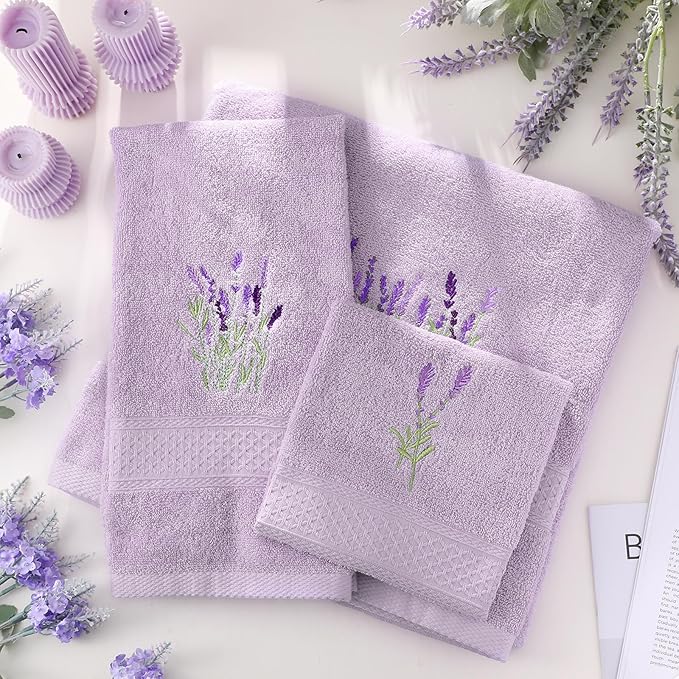 3 Pcs Lavender Floral Bathroom Towel Set Farmhouse Embroidered Lavender Floral Towels Vintage Decorative 100% Cotton Bath Towel Highly Absorbent Elegant Decor Set for Bathroom