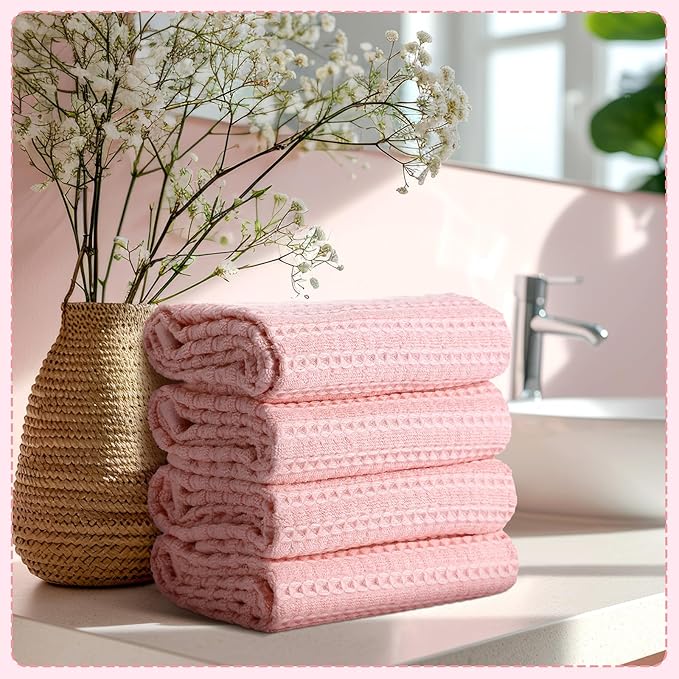 4 Pack Pink Hand Towels Waffle Striped Pattern 100% Cotton Soft Hand Towels for Bathroom 13 x 29 Inch Absorbent Waffle Washcloths for Bathroom Kitchen