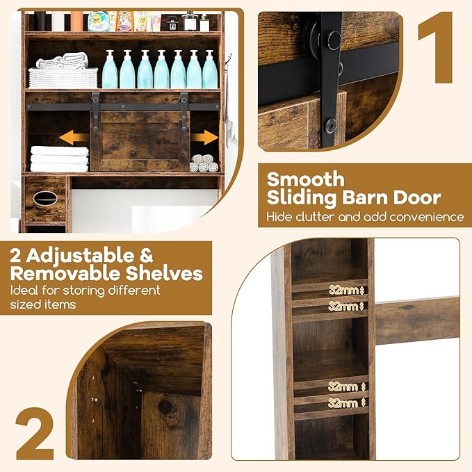 Tangkula Over The Toilet Storage Cabinet, Farmhouse Freestanding Above Toilet Rack w/Sliding Barn Door, Adjustable Shelves, Toilet Paper Holder, 2 Hooks, Bathroom Space Saver (Retro, Rustic Brown)