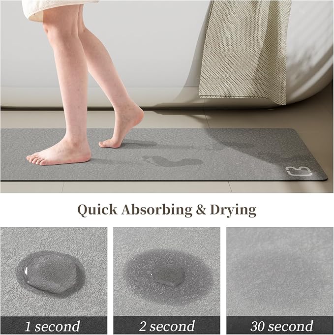 2 Piece Bathroom Mat Rugs Set - Quick Dry Absorbent Diatomaceous Earth Bath Mat Non-Slip Bathroom Floor Mat with Rubber Backing, Thin Bathroom Rugs Fit Under Door, 15.7x23.6+15.7x47.2 Inch, Grey
