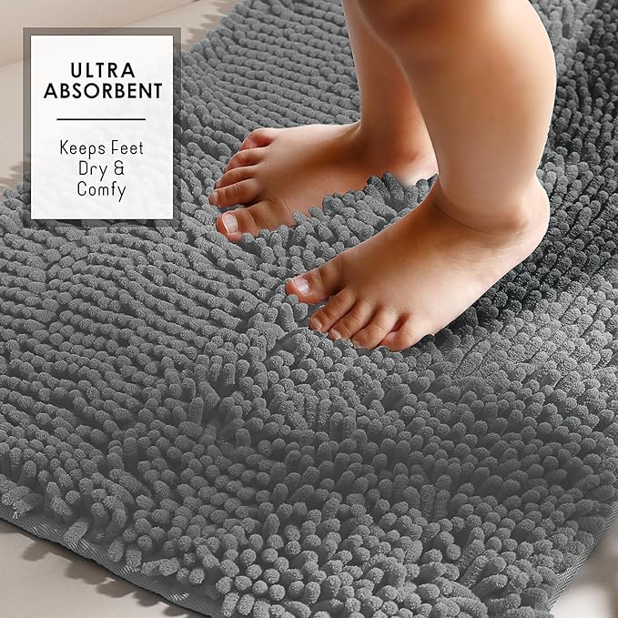 Hearth & Harbor Bathroom Rugs, Chenille Bath Mat - Machine Washable Bath Mats for Bathroom Non-Slip Backing Rubber, Quick Dry Bathroom Mat, 26 x 44 - Frost Grey