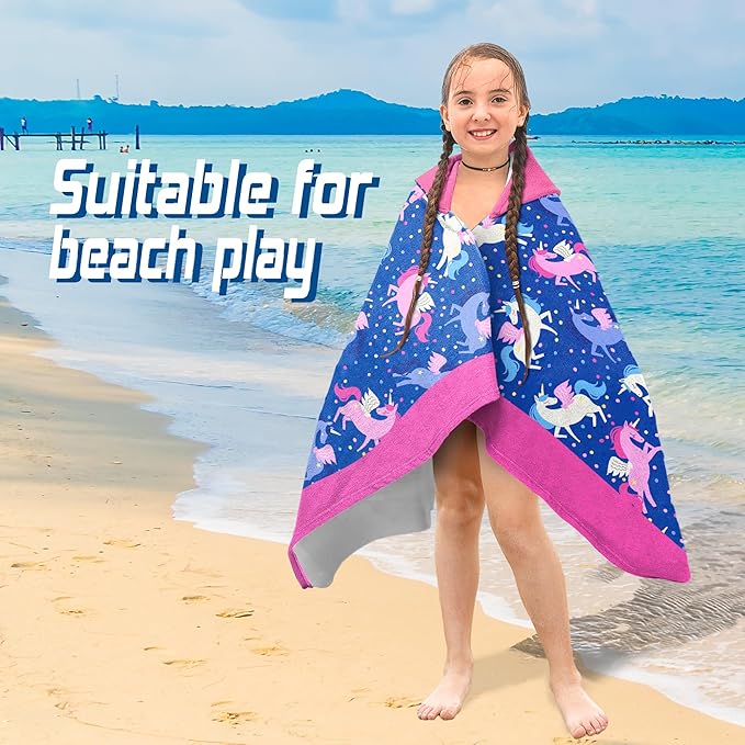 Hooded Towels for Kids -Toddler Beach Towel- Super Absorbent & Quick Dry 100% Cotton 35x60 Inch - to Kid Ages 3-12-Pink Unicorn Pattern Design