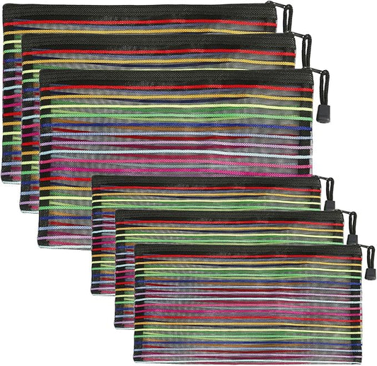 Mesh Bags with Zipper (6 Pack), Nylon Makeup Bag Cosmetic Pouches Travel Organizer Case for Purse Diaper Bag Home Organizing Striped Multi Size Black