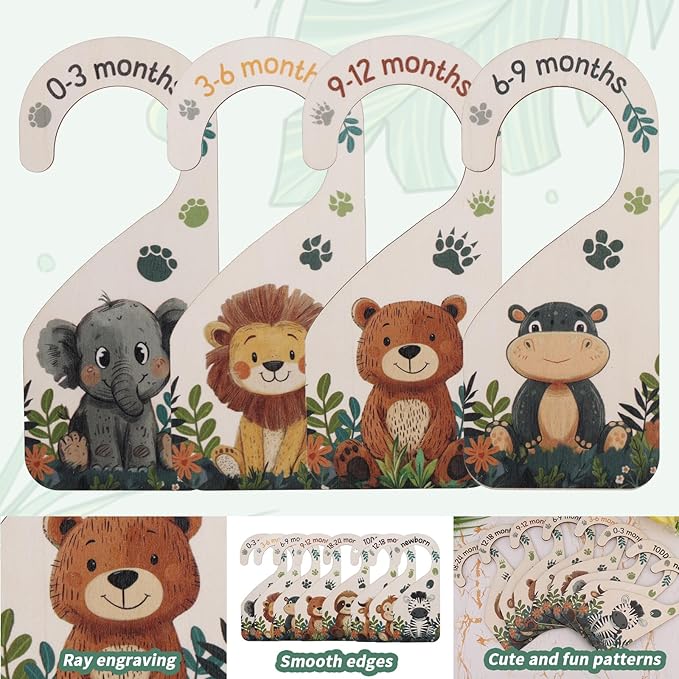 8pcs Baby Size Closet Dividers, Wooden Baby Wardrobe Organizer Newborn to 24 Months Woodland Nursery Decor Double-Sided Nursery Clothes Hanger Partition for Home Beautiful Decor (Animal)