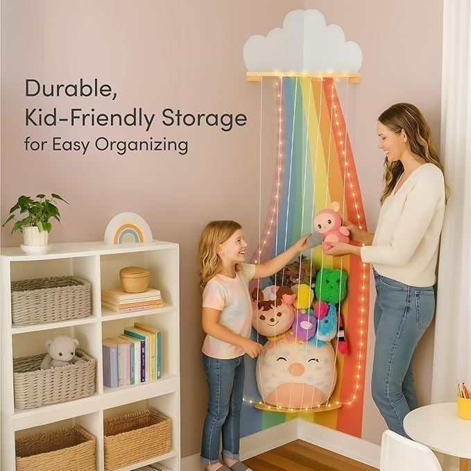 PUTSKA Nursery Furniture Hanging Organizer – Wall Mounted Stuffed Animal Storage for Baby Room, Corner Plush Collection Display & Nursery Organization System, Space-Saving Vertical Storage - Rainbow