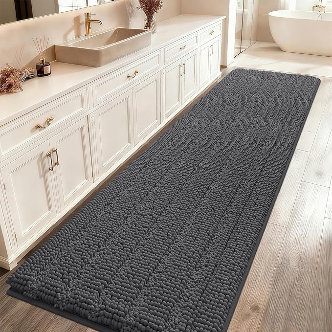 ACCUMTEK Extra Long Striped Grey Bathroom Rug Mat 70"x24" Ultra Soft, Non Slip Chenille Bath Rugs, Absorbent Plush Shaggy Bath Mats for Bathroom, Bedroom, Kitchen, Shower, Tub,Dark Gray, Charcoal