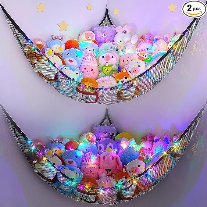 Unicorn Castle Stuffed Animals Net or Hammock Kids Toy Storage Organizer with LED Light Hanging Corner Stuffed Animals Holder Kids Girls Room Decor,Black,Large (Pack of 2)