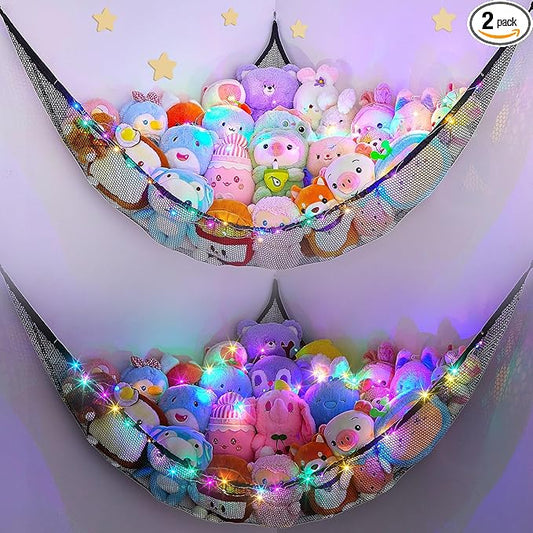 Unicorn Castle Stuffed Animals Net or Hammock Kids Toy Storage Organizer with LED Light Hanging Corner Stuffed Animals Holder Kids Girls Room Decor,Black,Large (Pack of 2)