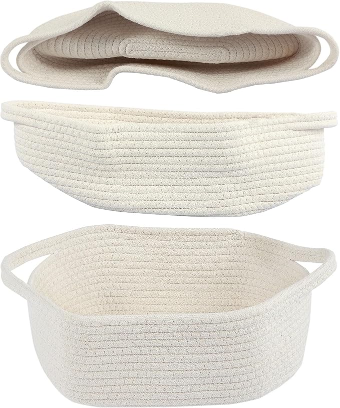 Portable Rope Baskets Small Woven Basket with Bags Baby Toy Basket with Handles Soft Woven Basket for Storage ZHAZHAMO(white)