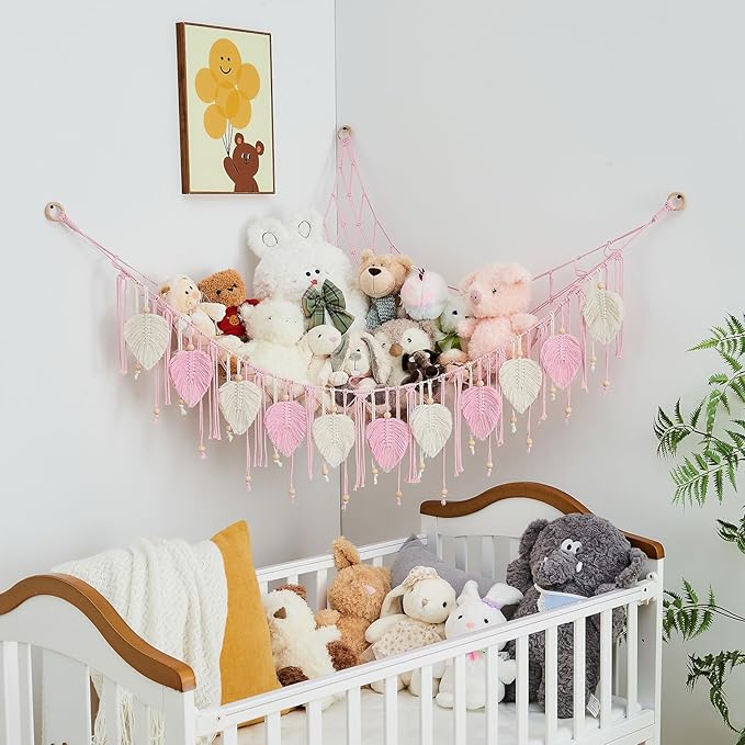 Pretty Jolly Macrame Stuffed Animal Hammock with Beads Hand Woven Leaf Tassels Corner Hanging Net Boho Holder for Kid Room Nursery Decor Easy Install Organizer for Girls Gift(Light Pink)