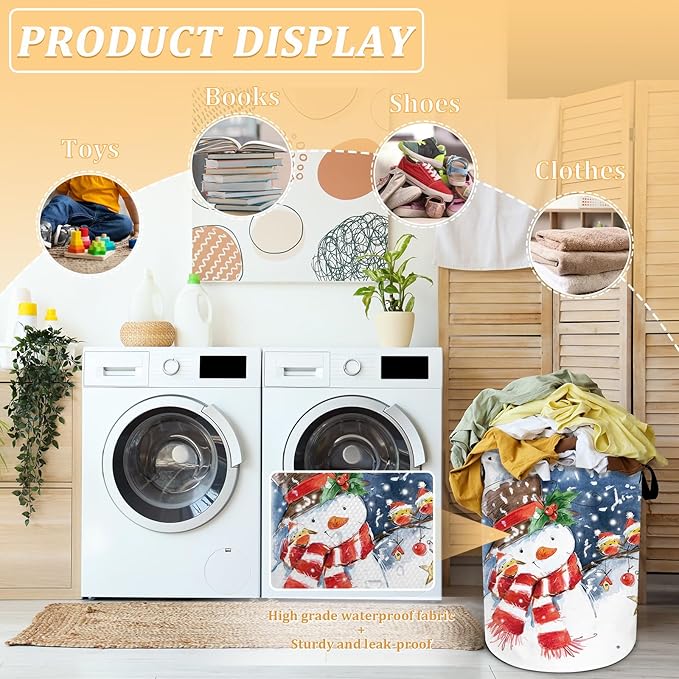 Christmas Laundry Basket, Winter Snowman Laundry Hamper Foldable Waterproof Oxford Cloth Funny Tote Bag Dirty Clothes Storage Bucket Toy Organizer for Bathroom/Laundry/Bedroom 15.7"x19.6"