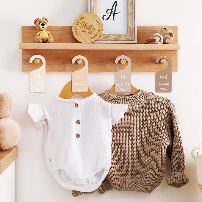 Whaline 7Pcs Earth Tone Wood Baby Closet Size Dividers with Velvet Bag Newborn to 24 Month Thicken Infant Wardrobe Hanger Organizers for Home Nursery Party Favors Supplies