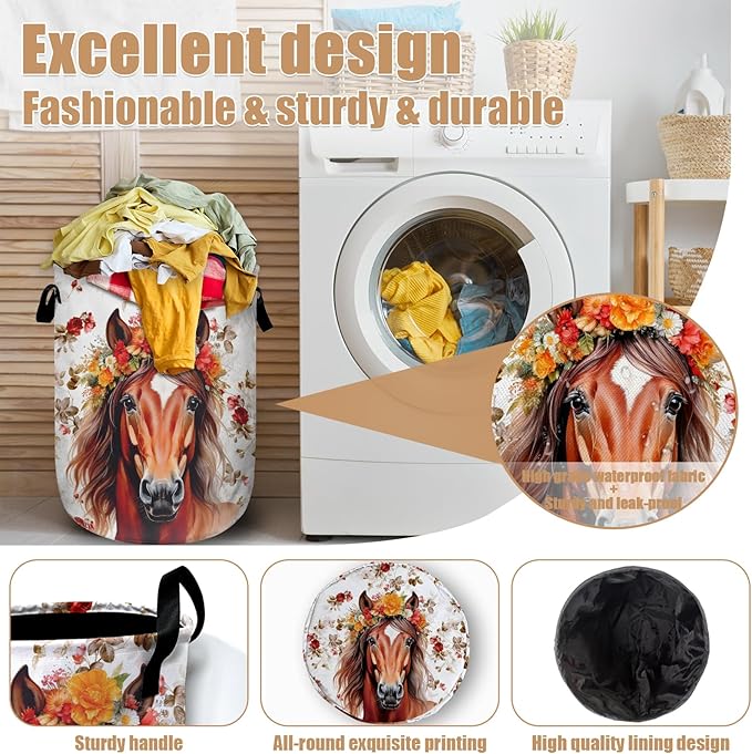 Watercolor Horse Laundry Basket, Foldable Waterproof Animals Floral Laundry Hamper Tote Bag Dirty Clothes Storage Bucket Toy Organizer for Bathroom/Laundry/Bedroom 15.7"x19.6"