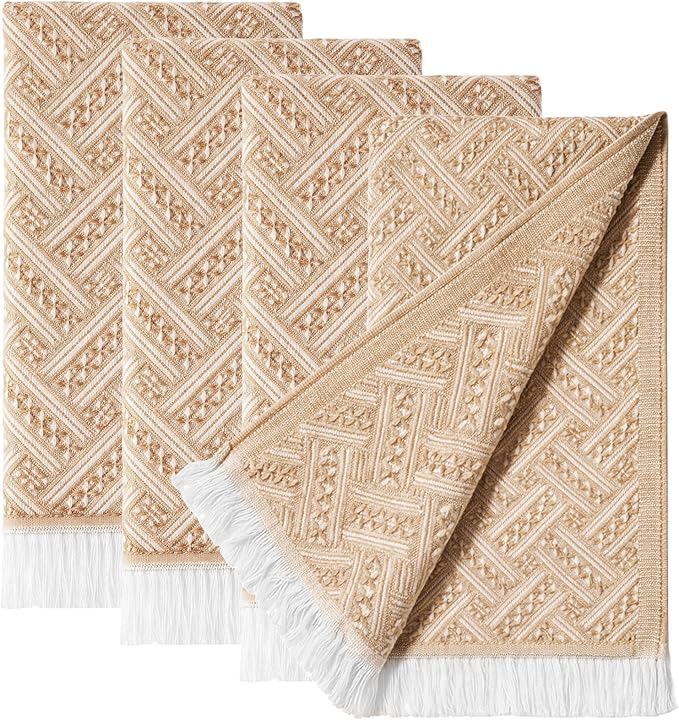 4-Pack Cotton Bathroom Hand Towels – Boho Cotton Hand Towel Set with Jacquard Weave & Fringe, 13"x29.1" Absorbent Soft Face Set for Kitchen, Bathroom, Guest Tea Gift (Brown, White)