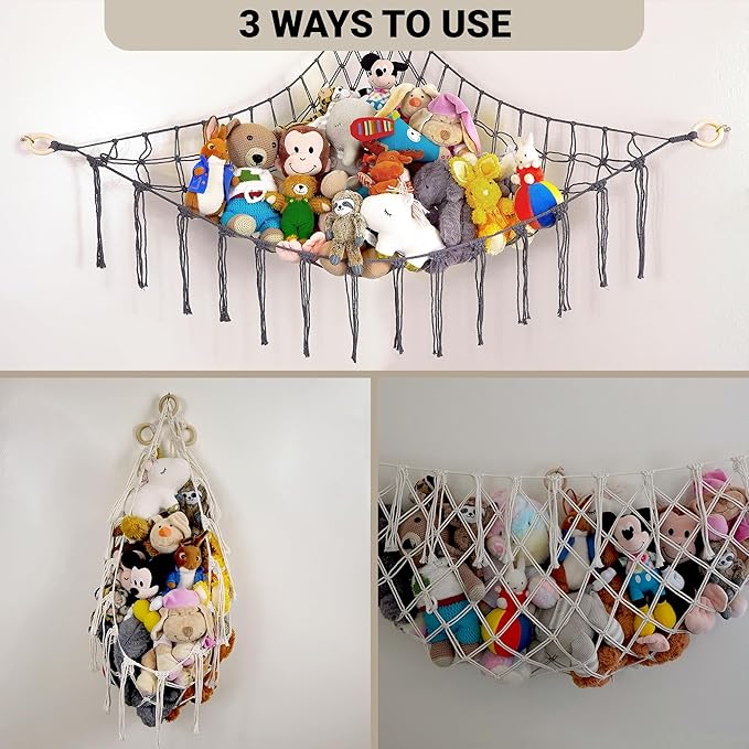 Large Stuffed Animal Hammock Corner - Stuffed Animal Storage - 100% Natural Cotton Macrame Stuffed Animal Net - Stuff Animal Organizer - Net for Stuffed Animals Corner Large-Gray