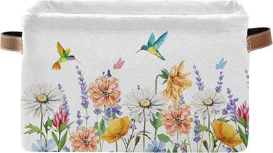 Flower Storage Bin with Handle, Wildflower Foldable Storage Box, Christmas Decorative Watercolor Flora Basket for Home, Bedroom, Closet Organization