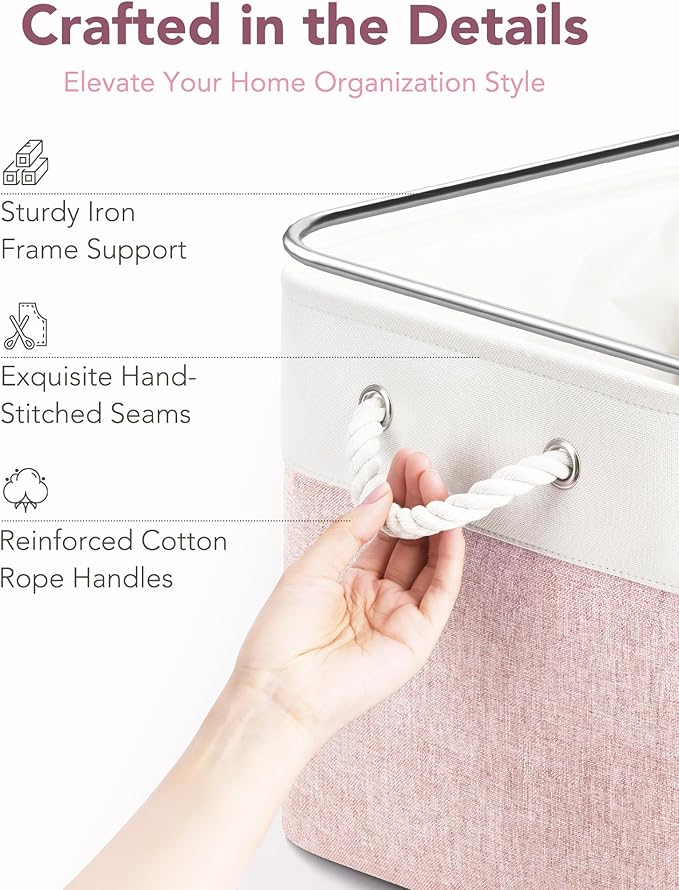13x15x13 Storage Cube Bins, Heavy Duty Foldable Fabric Storage Bins with Handles and Metal Frame, 6 Pack Large Closet Organizer Bins for Clothes, Socks, Towels, White Pink
