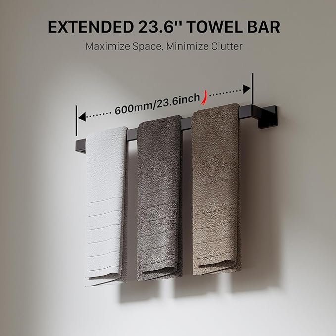 5-Piece 23.6 Inch Matte Black Bathroom Accessories Set, Bathroom Hardware Set, SUS304 Stainless Steel Bath Towel Bar Set, Toilet Paper Holder with Shelf, Towel Hooks, Towel Ring Wall Mounted