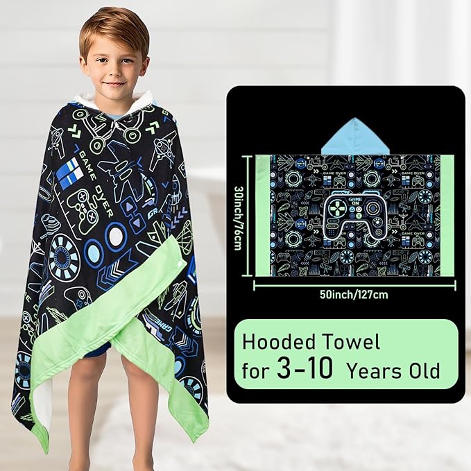 Hooded Towels for Kids Game 50" x 30" Toddler Bath Beach Towel Poncho with Hood Super Soft and Absorbent 100% Microfiber for Boys Ages 3-10
