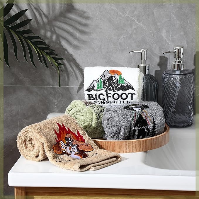 4 Pcs Bigfoot Bathroom Towels Sasquatch Hand Face Wash Towels 29" x 13" Cotton Funny Embroidered Farmhouse Decorative Bathroom for Kitchen Accessories Housewarming