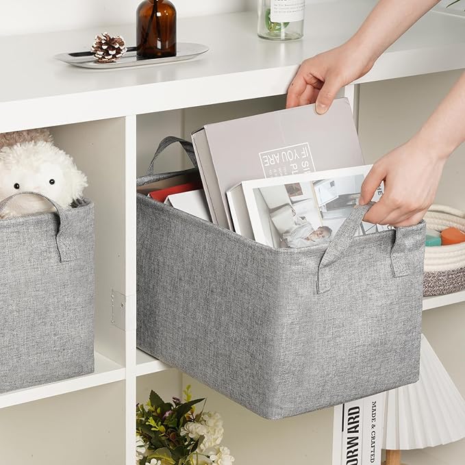 Bidtakay Rectangular Storage Basket, Collapsible Cube Storage Bins for Shelves, Waterproof PE Coating Storage Bins with Handles for Organizing Toys, Books, Blankets (15x10x9 inch-Grey)