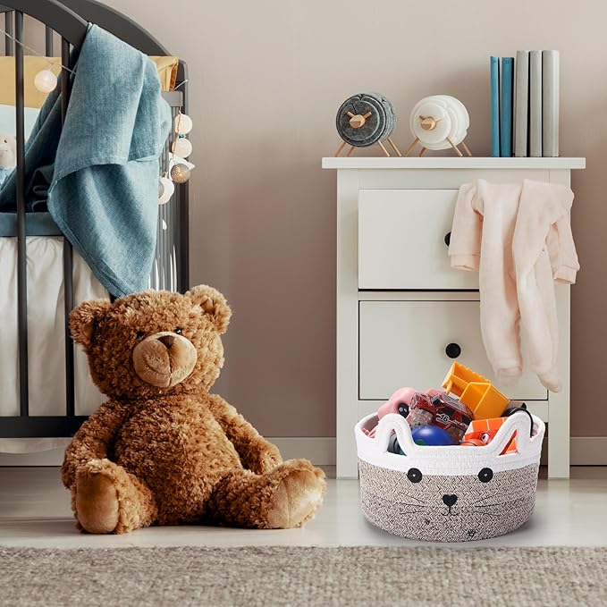 Zopeal Cat Basket Storage Woven Organizer with Ears Christmas Decorative Pet Toy Cute Cotton Rope Basket for Gift Cat Dog Toy Bin Nursery Room(8.3 x 4.7 Inch,Gradient Khaki)
