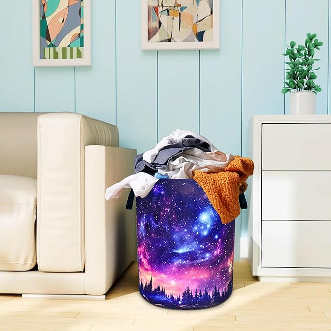 Starry Sky Forest Laundry Basket Oxford Cloth Beautiful Night Laundry Hamper With Handle Foldable Portable Clothes Storage Basket 18.9 X 16.5 In Storage Bag For Laundry Room/Bathroom/Bedroom