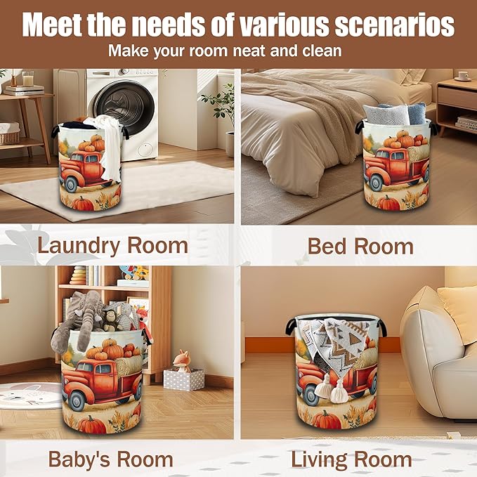 Happy Fall Laundry Hamper,Thanksgiving Day Red Truck and Pumpkin Laundry Baskets,Waterproof Oxford Cloth Toy Storage for Bedroom,Bathroom,Nursery,16x20.8 Inch