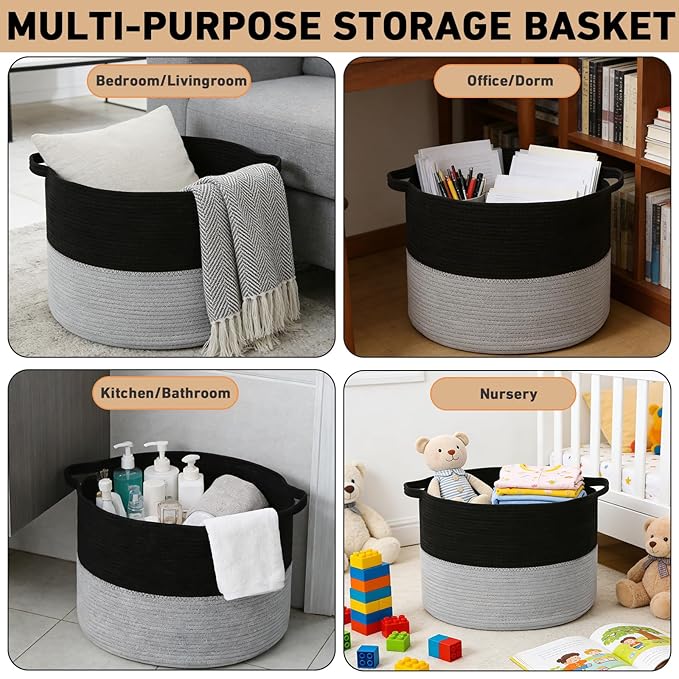 65L Large Blanket Basket,19.7"L x 19.7"W x 13"H Rope Woven Baskets with Handles, Toys Storage Bins,Laundry Basket Perfect for Living Room, Nursery,Bedroom,Home Organization,Black&Light Grey