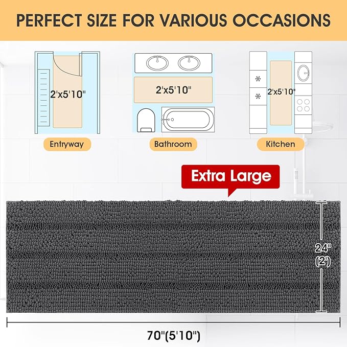 ACCUMTEK Extra Long Striped Grey Bathroom Rug Mat 70"x24" Ultra Soft, Non Slip Chenille Bath Rugs, Absorbent Plush Shaggy Bath Mats for Bathroom, Bedroom, Kitchen, Shower, Tub,Dark Gray, Charcoal