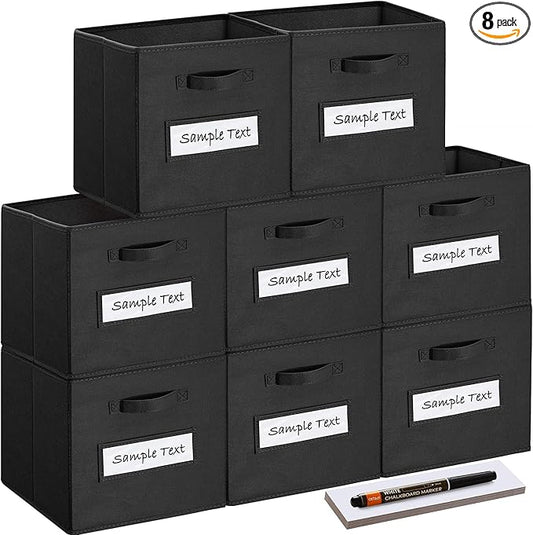 artsdi 13x13x13 storage cube bins(Set of 8) Fabric storage cubes with 8 Labels Window Cards & a Pen,storage cubes 13x13,storage bin,Collapsible 13 inch cube storage bins,Cubby Organizer Boxes,Black