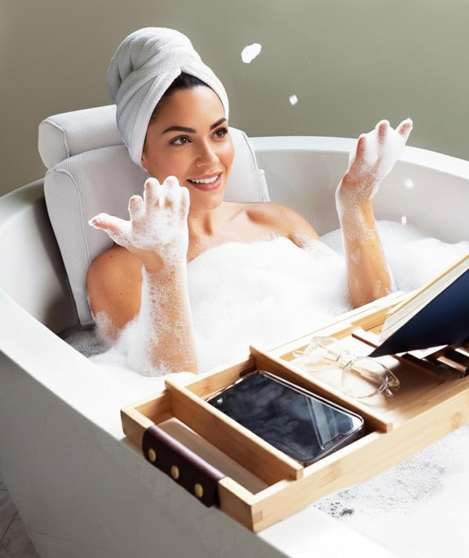 Everlasting Comfort Luxury Bath Pillows for Tub with Head and Neck Support - Non-Slip Bathtub Pillow with Suction Cups, Quick-Drying Mesh & Drying Hook - Jacuzzi & Spa Accessories for Women - White