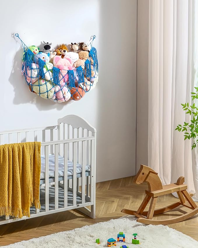 Stuffed Animal Storage Hammock Net with Lights - Small Toy Hammock Net for Stuffed Animals Room Decor,Cute Stuff Animal Organizer Holder for Teddy Bear,Nursery Kids Baby Wall Hanging Bedroom Playroom