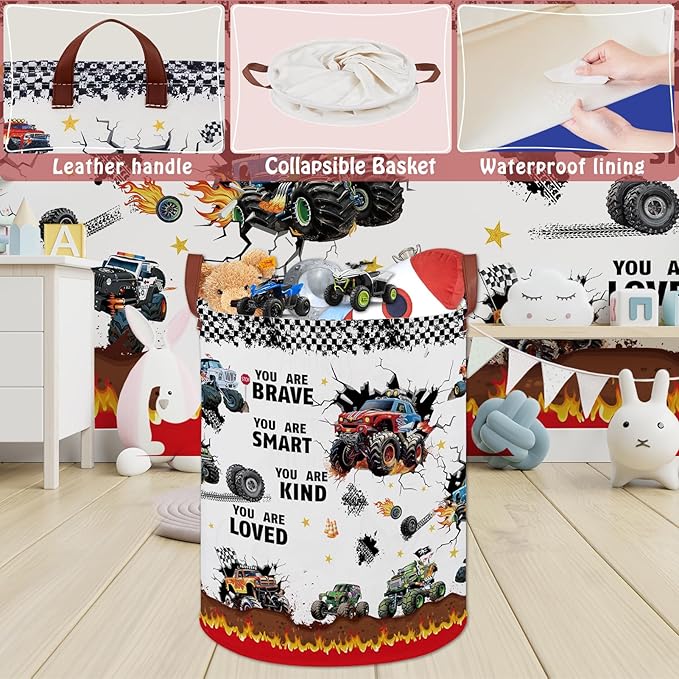 Monster Trucks Laundry Hamper Basket Kid Gift Toy Bin Empty Car Nursery Decor Hamper,Storage Basket Collapsible Clothes Book Organizer Bin for Boy,Valentine's Day Gift (Monster Trucks-Fire)