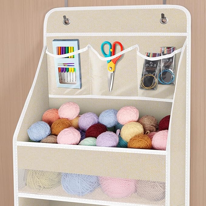 Univivi 6-Shelf Over Door Hanging Organizer Fabric Baby Door Storage with 5 Extra Large Capacity Pockets Behind the Door Hanging Storage Organizers Easy Install Door Storage for Baby Essential (Beige)