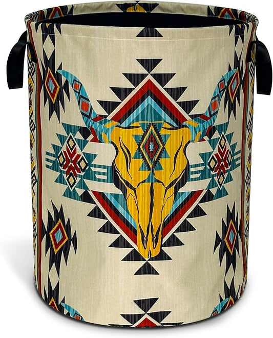 Longhorn Cattle Skull Laundry Basket Oxford Cloth Tribal Laundry Hamper With Handle Foldable Portable Clothes Storage Basket 18.9 X 16.5 In Storage Bag For Laundry Room/Bathroom/Bedroom/Dormitories