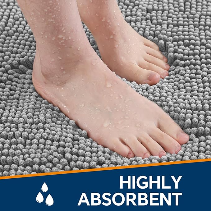 Gray Bathroom Rugs 20"x32" - Thick Plush Chenille Non-Slip Bath Mat - Absorbent, Washable, Soft Decor for Sink, Shower, Tub, Kitchen, Home Accessories