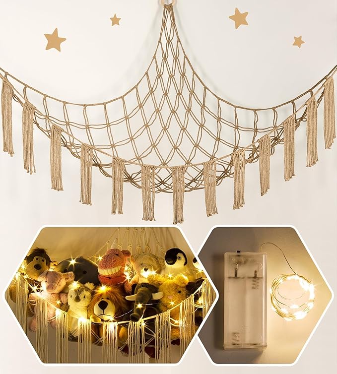 Stuffed Animal Hammock Corner Storage with LED Light - Plush Hammock Large Plushie Net