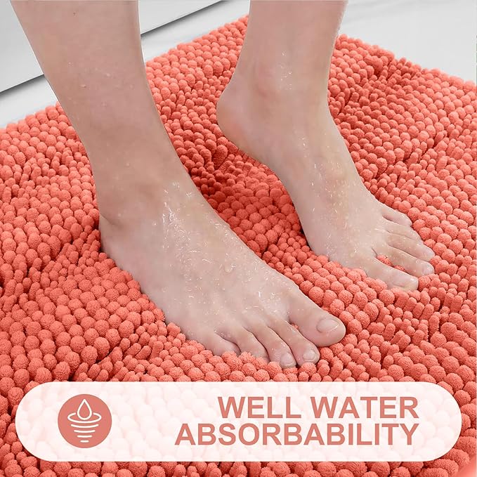 Grandaily Chenille Striped Bathroom Rugs 30x20, Extra Thick and Absorbent Bath Mats, Non-Slip Soft Plush Shaggy Shower Carpet, Machine Wash Dry, Bath Rug for Bathroom, (Medium, Coral)