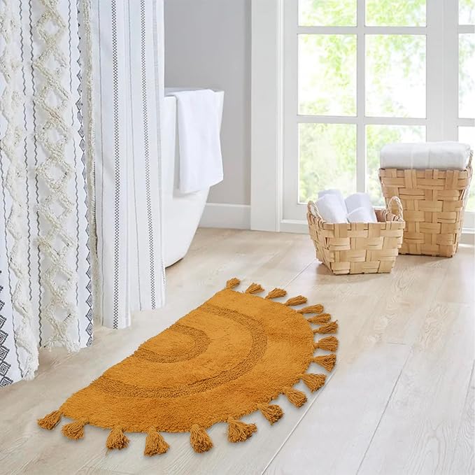 Half Circle Boho Bathroom Rugs with Tassels 100% Cotton Hand-Woven Bath Mat Non Slip Absorbent Bath Rugs with Rug Pad Washable Boho Bath Mat Carpet for Tub, Shower 20"x32",Mustard
