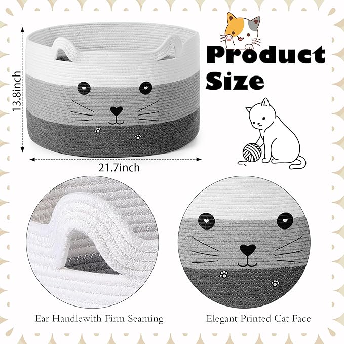 Zopeal Cat Basket Storage Woven Organizer with Ears Christmas Decorative Pet Toy Cute Cotton Rope Basket for Gift Cat Dog Toy Bin Nursery Room(21.7 x 13.8 Inch,White, Light Gray and Gray)