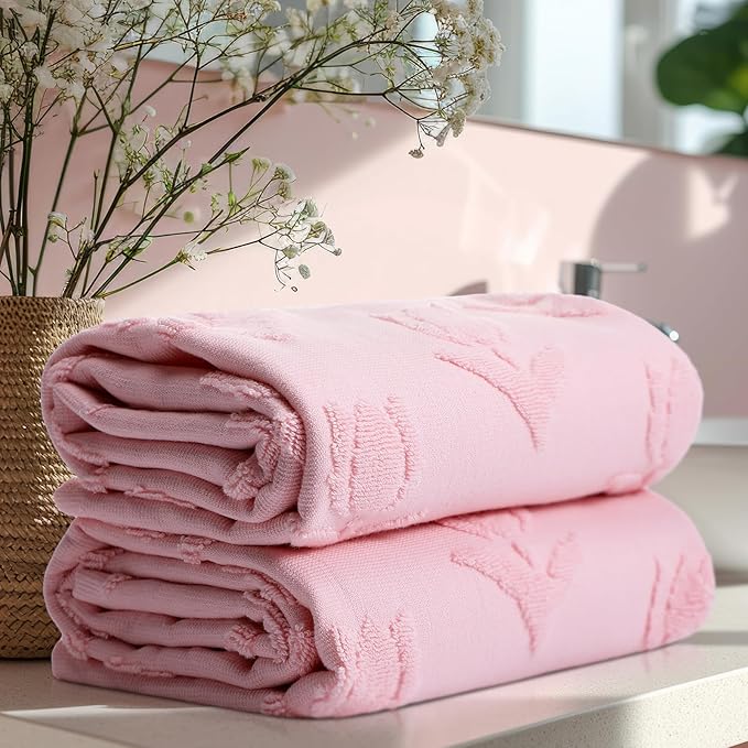 2 Pcs Tulip Hand Towels for Bathroom Pink Tulip 100% Cotton Jacquard Weave Bath Towel Set Soft Absorbent Kitchen Towels for Bathroom Kitchen Summer Theme Gifts 13.8 x 29.5
