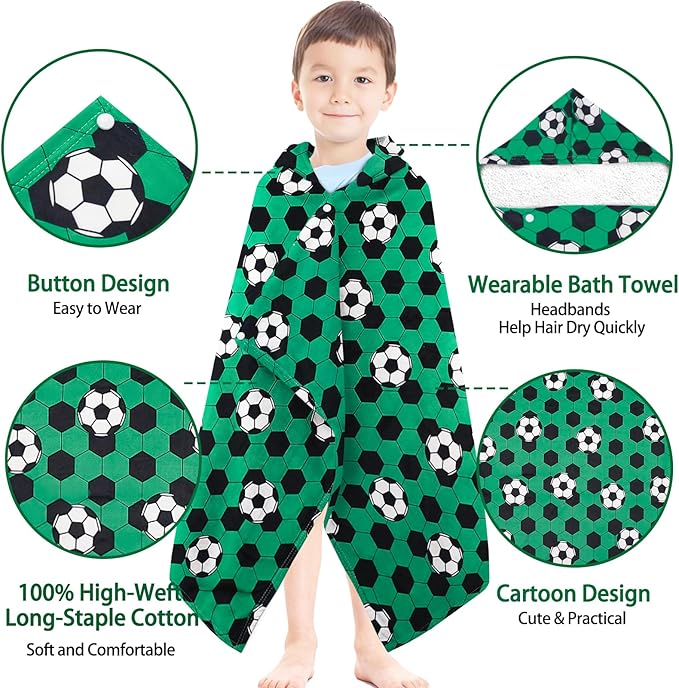 Hooded Towels for Kids - Ultra Soft 100% Cotton Soccer Toddler Hood Bath Towels/Pool Terry Towel Beach Poncho Wrap Absorbent Cute Bath & Swim Wrap for Boys & Girls 3-10 Years Beach Essentials - Green