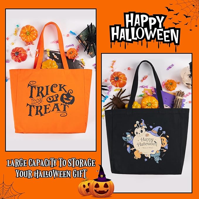 Halloween Basket Tote Bag Set of 2Candy Ice Basket Trick for Treat Bags Tote with Ornament for Candy Party Accessory (White & Pumpkin)