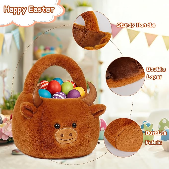Easter Basket, Easter Baskets for Kids, Highland Cow Baskets with Handle for Gifts Empty, Bunny Egg Hunting, Basket Stuffers Essentials