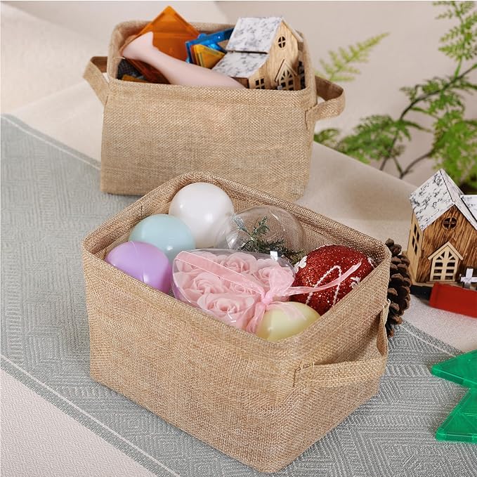 AARAINBOW Small Storage Basket Bins Canvas Mini Storage Cubes Storage Basket for Makeup, Baby Toys Liners, Books Nursery Storage Baskets with Handles for Shelves & Desks (3 Jute Gray)