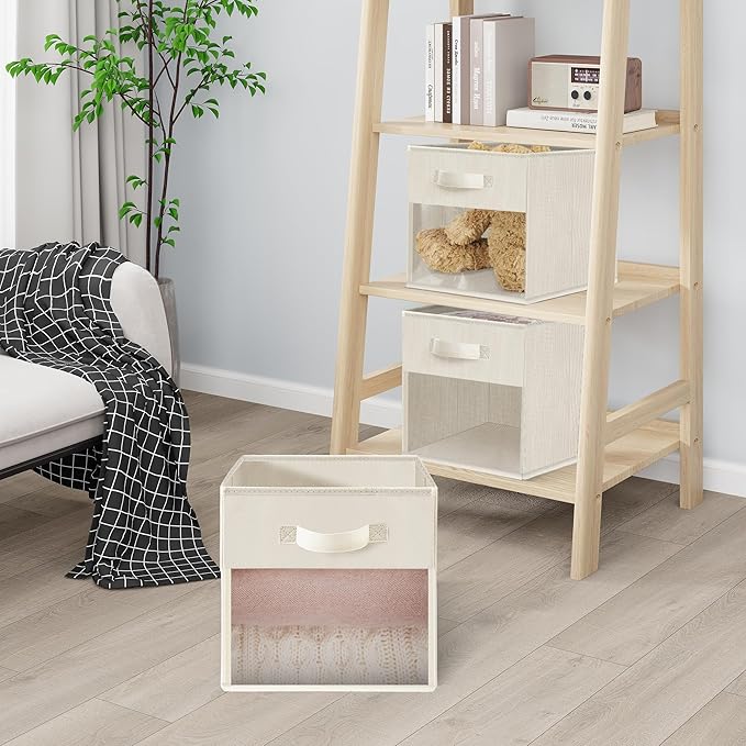 Storage Bins with Clear Window, 11x11 Storage Cubes, Collapsible Cube Storage Box, Fabric Closet Organizers with Handles for Home, Office, Shelf, Closets, Living Room, Beige, 6 Pack