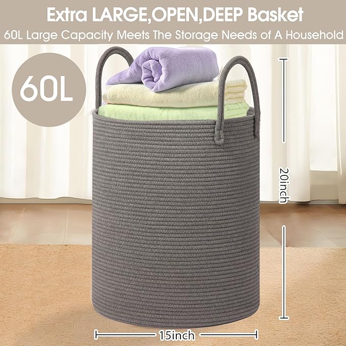 Large Woven Laundry Basket Hamper,60L Cotton Rope Storage Basket for Blankets in living room,Decorative Tall Nursery Hamper for Toys and Clothes,Baby Basket,Dark Grey