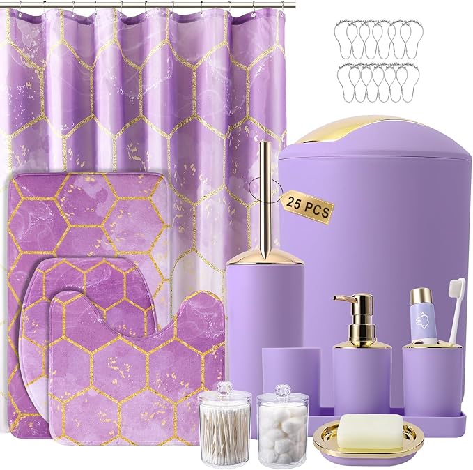 25 Pieces Bathroom Set Purple and Gold Bathroom Accessories Set, Shower Curtain and Rugs, Trash Can, Toilet Brush, Soap Dispenser, Soap Dish, Toothbrush Holder, Tumbler, Tray, Qtip Holder